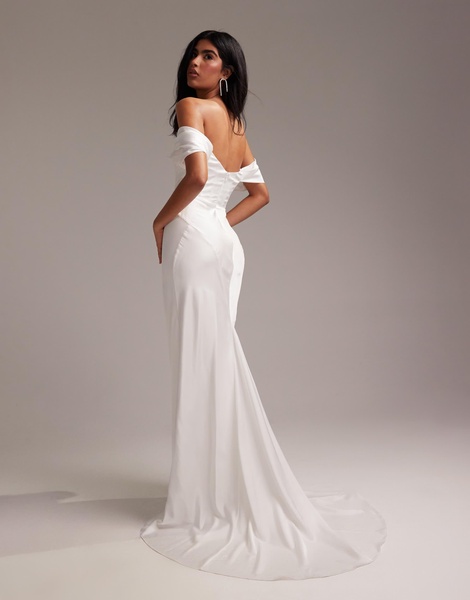 ASOS DESIGN bardot draped satin maxi wedding dress in white