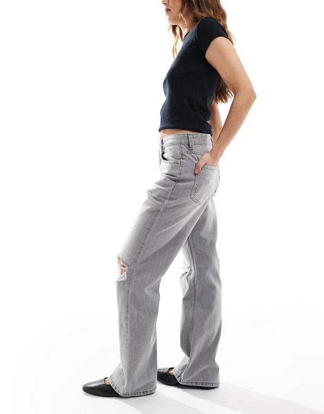 Bershka ripped knee wide leg jeans in light gray