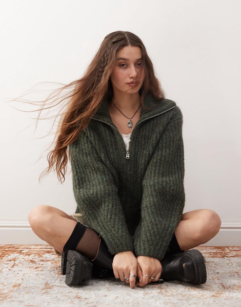 Weekday Bea wool blend zip up cardigan in dark green melange