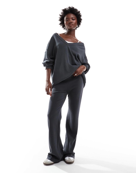 ASOS DESIGN waffle oversized off-shoulder V-neck sweatshirt in washed charcoal - part of a set