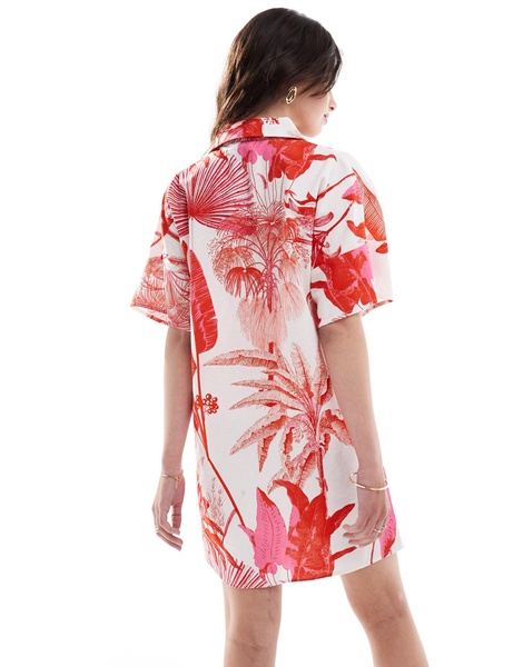 ASOS DESIGN short sleeve linen blend boxy mini shirt dress in red tropical print
