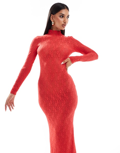 Aria Cove lace high neck long sleeve maxi dress in red