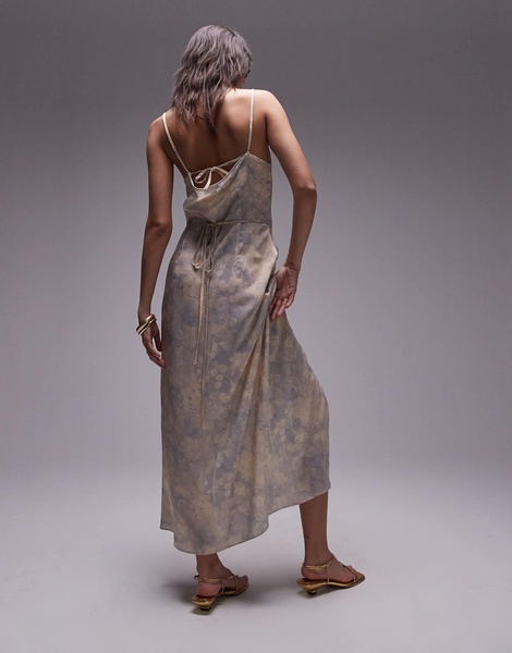 Topshop premium square neck wrap midi slip dress in dusty blue floral
