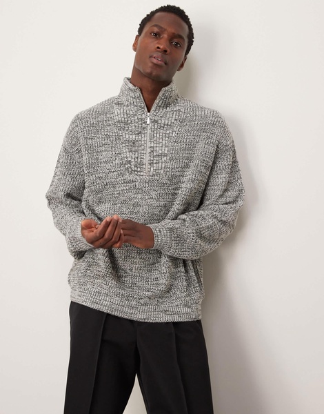 ASOS DESIGN knit oversized fisherman ribbed quarter zip sweater in gray