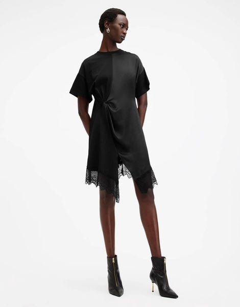 AllSaints Lana lace trim mini dress in black