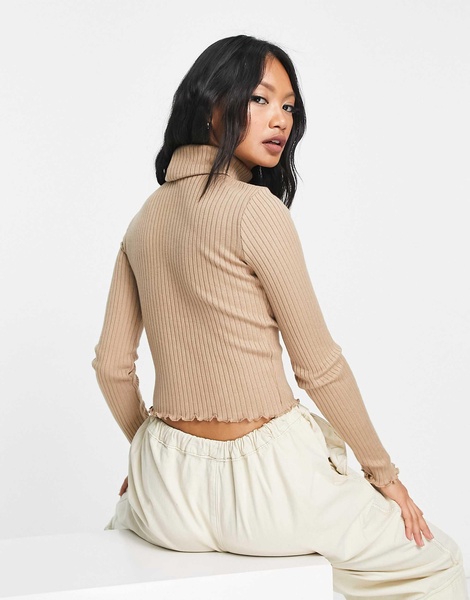 Bershka cropped knit turtle neck sweater in camel