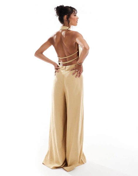 ASOS DESIGN halterneck tie detail wide leg jumpsuit in brown