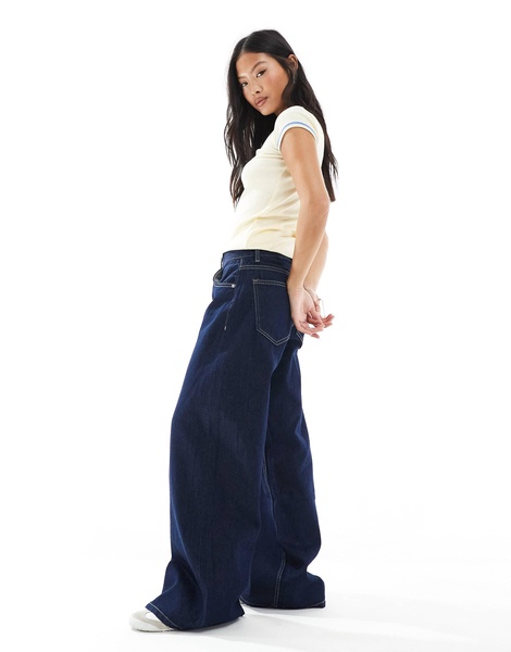 Bershka Petite clean wide leg jeans in authentic dark blue