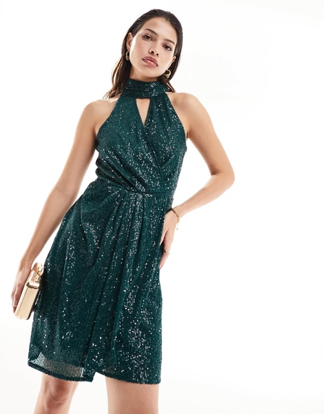 River Island knot front sequin mini dress in dark green