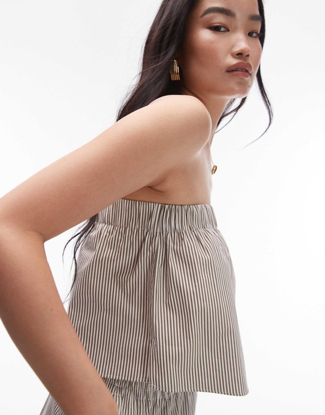 Topshop cotton bandeau top in olive stripe