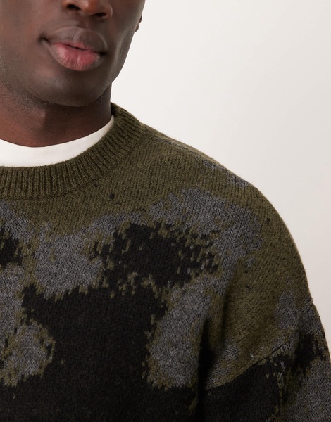 ASOS DESIGN relaxed boxy fit knit crew neck sweater with pattern in black