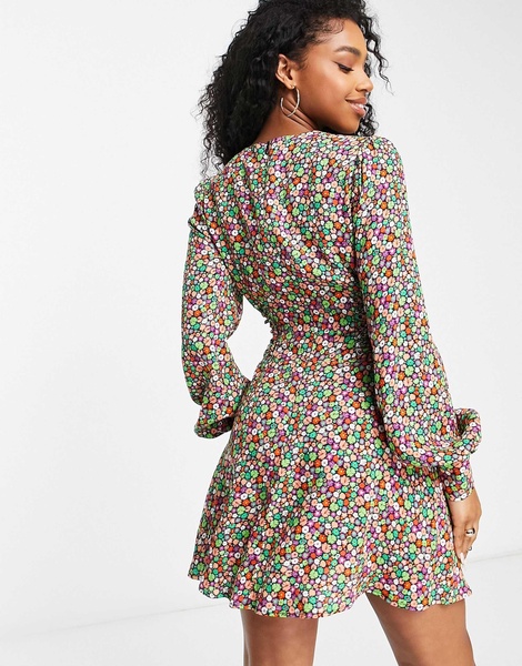AFRM Nami long sleeve corset lace up floral mini dress in multi