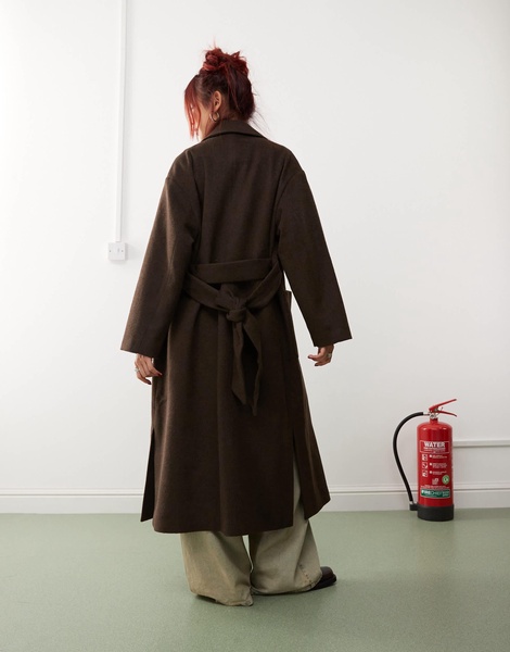 Monki belted double breasted coat in brown melange