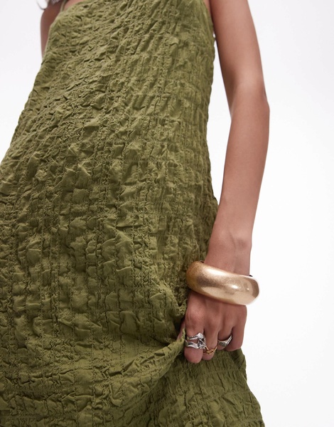 Topshop textured midi tie shoulder dress in khaki