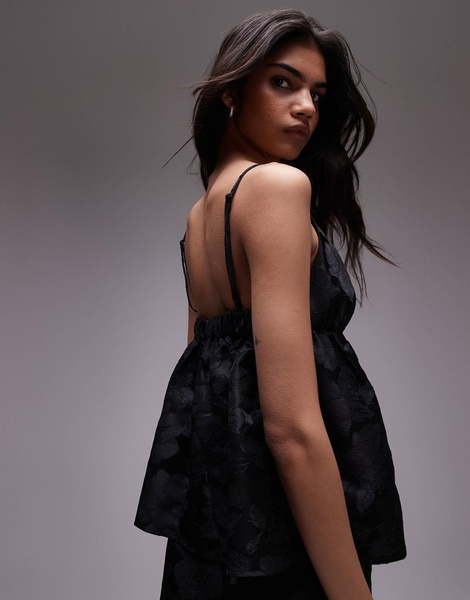 Topshop floral jacquard babydoll top in black