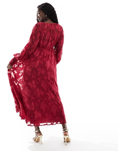 ASOS DESIGN burnout batwing sleeve v-neck dress with button detail in red