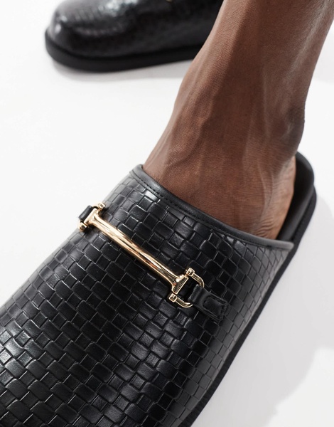 ASOS DESIGN weave mules in black with gold snaffle