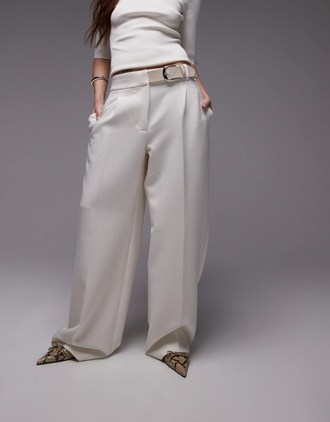 Mango buckle waistband straight leg pants in white