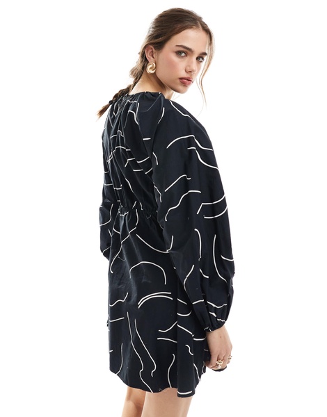 ASOS DESIGN cotton poplin mini dress with ruched bust in monochrome abstract print