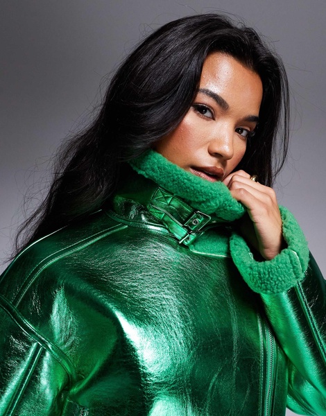 Amy Lynn aviator jacket in metallic emerald green