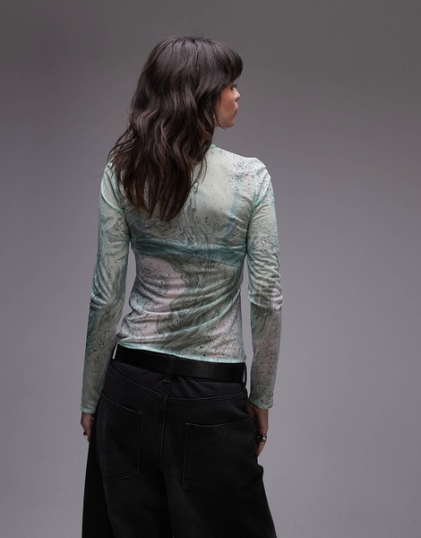 & Other Stories mesh long sleeve top in green marble print