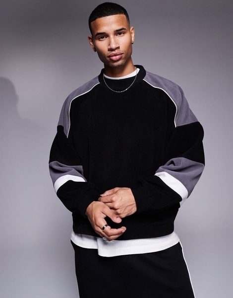 ASOS DESIGN extreme oversized color block sweater in black gray and white fleece