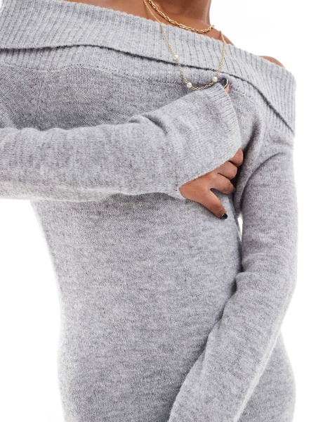 Aria Cove knitted bardot fold over maxi sweater dress in gray heather