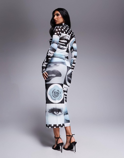 AFRM Shailene mock neck midi length dress with detachable lining in mono pop art