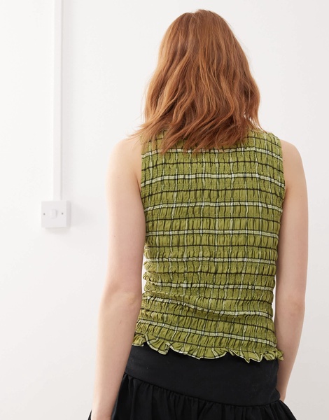 Amy Lynn Cher shirred top in green plaid