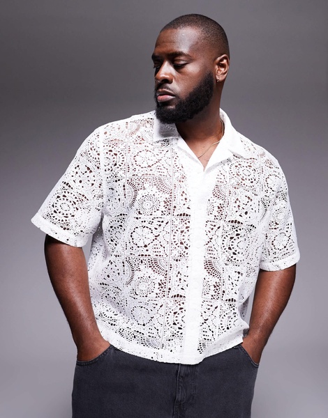 ASOS DESIGN premium boxy camp collar shirt in white lace