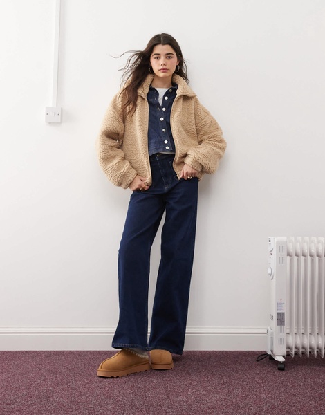 Miss Selfridge teddy zip up long sleeve top in light camel