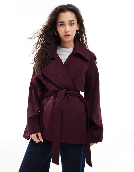 ASOS DESIGN oversized short trench coat with belt in burgundy