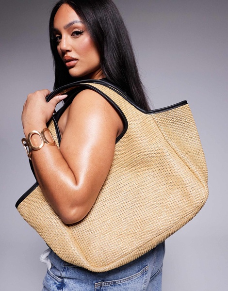 ASOS DESIGN straw tote bag with piping in natural