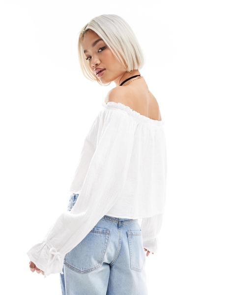 Bershka crinkle off the shoulder top in ecru