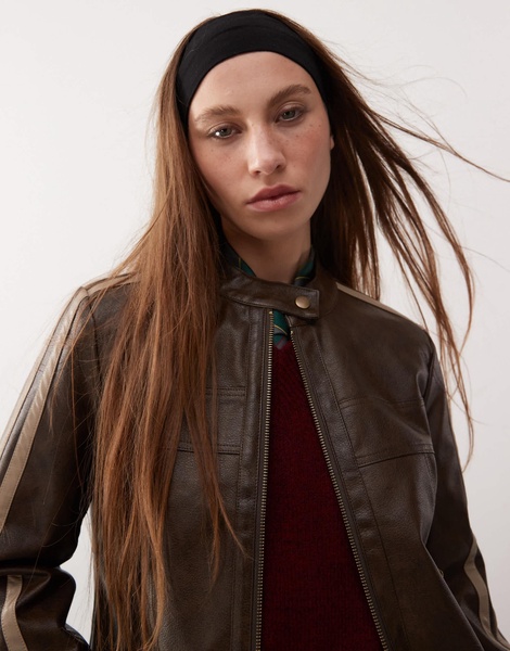 Reclaimed Vintage leather look biker jacket with stripes in washed brown