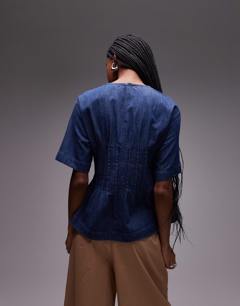 ARKET lightweight denim blouse with pleated bodice in mid wash blue