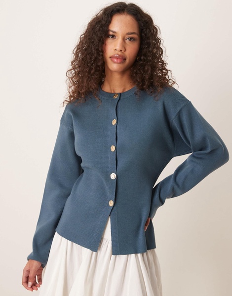 ASOS DESIGN knit structured crew neck cardigan with gold buttons in petrol blue