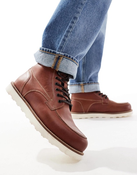 ASOS DESIGN lace up boots in brown leather with contrast sole
