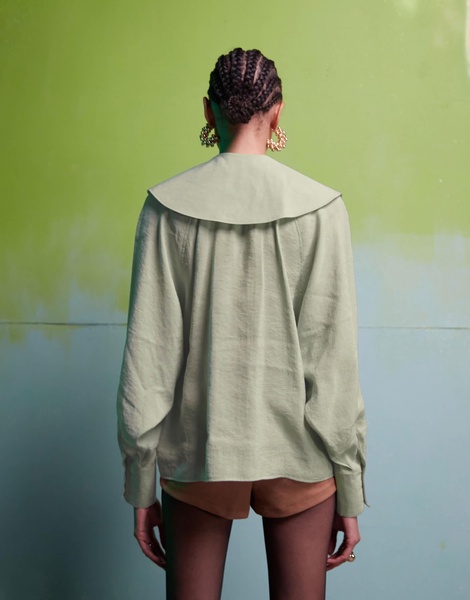 ASOS DESIGN oversized collar blouse with neck tie detail in sage green