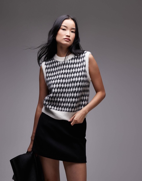 ARKET alpaca blend knitted tank vest in black and white diamond check jacquard