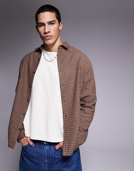 ASOS DESIGN relaxed wool look shirt in brown check - BROWN