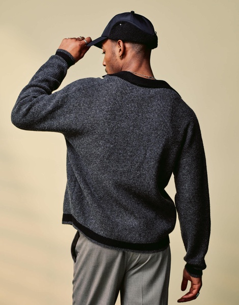 ASOS DESIGN relaxed knit button up cardigan in charcoal with contrast seams