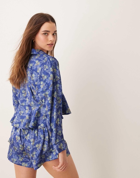 Free People printed satin pajama set in blue