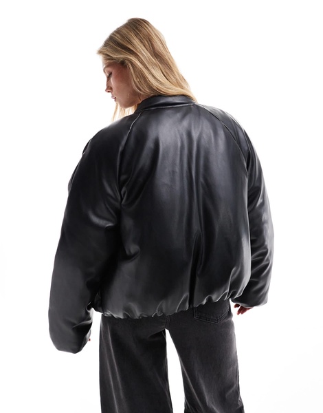 ASOS DESIGN leather look padded bomber jacket with bubble hem in black