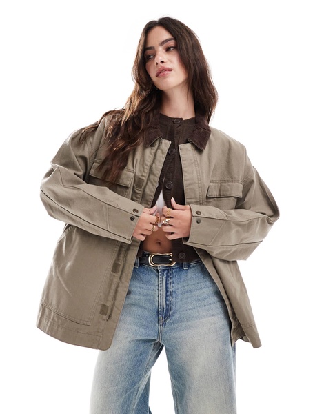 Stradivarius STR barn jacket with corduroy collar detail in khaki