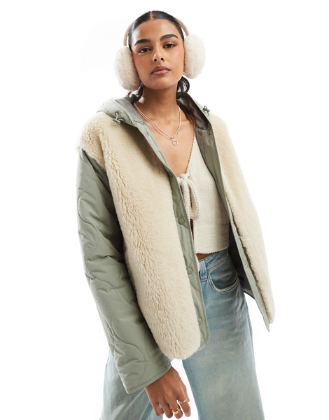 ASOS DESIGN hooded quilted borg jacket in sage
