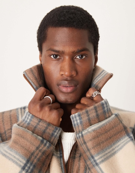 ASOS DESIGN extreme oversized boxy sweater with funnel neck in brown plaid