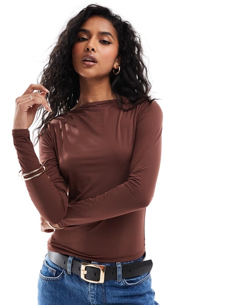 Brave Soul long sleeve slinky top in chocolate brown