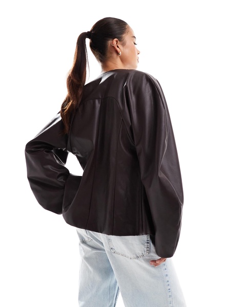 ASOS DESIGN collarless faux leather blazer with extreme sleeves in chocolate