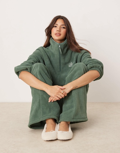 ASOS DESIGN lounge microfleece zip collar sweat & wide leg set in khaki with contrast trim